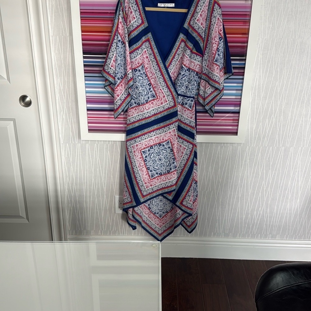 Trina Turk Blue and Pink Asymmetrical V-Neck Midi Dress